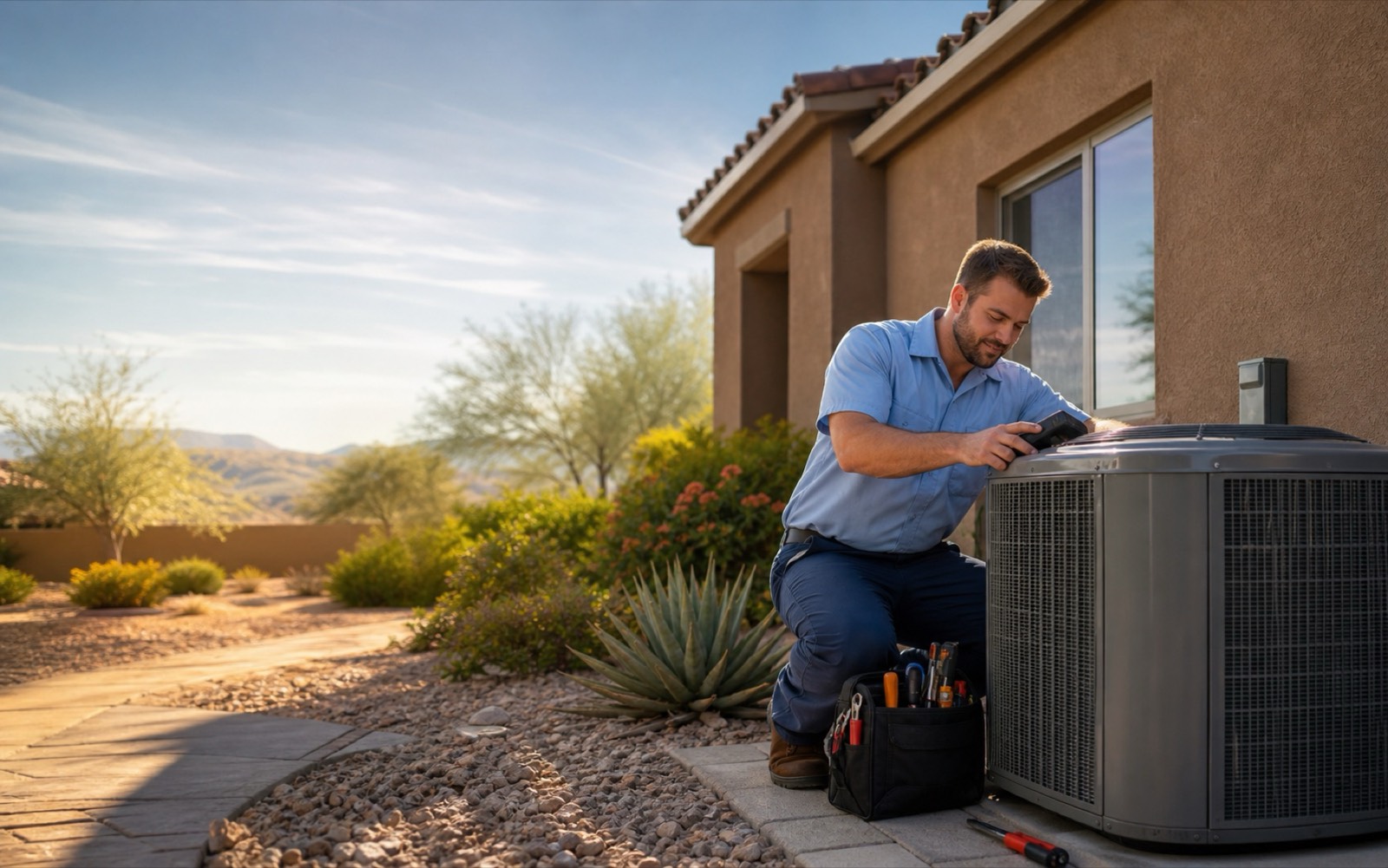HVAC technician inspecting an outdoor air conditioner in Peoria